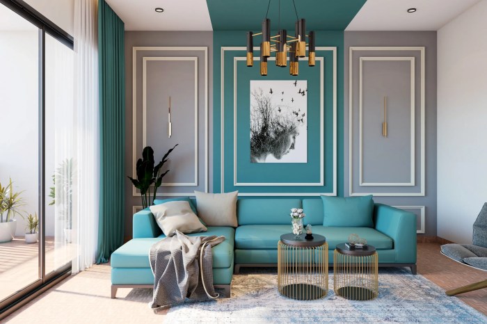 A living room decorated in turquoise decor